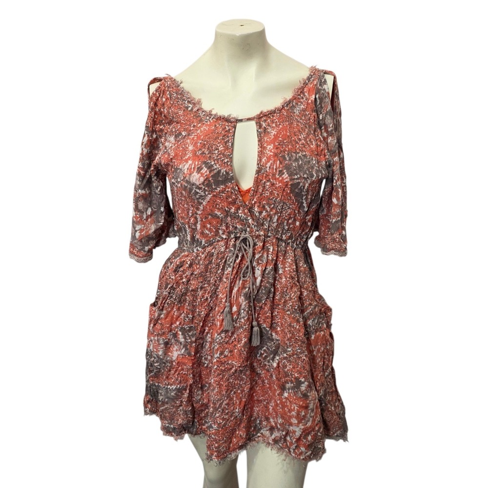 Free People Love Birds Mini Dress Size S Boho Paisley Tassel Cutout Orange